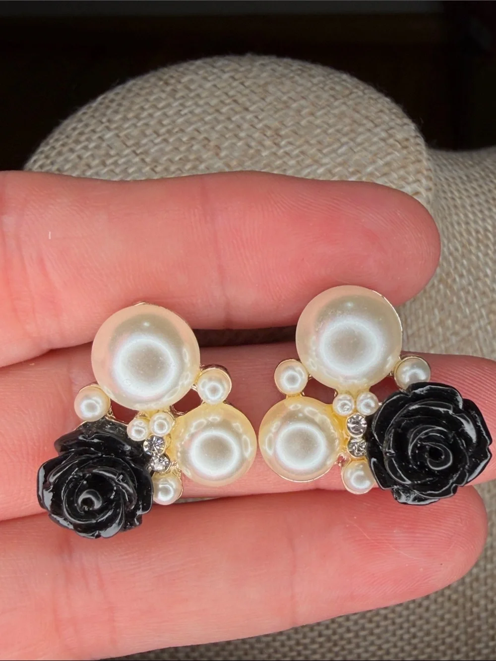Pearl Cluster Earrings with Black Rose Accent